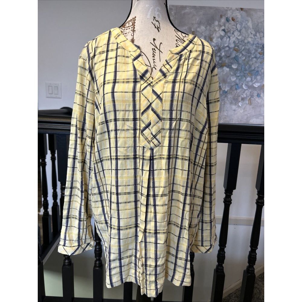 Christopher & Banks Shirt Top Women's Size PXL Plaid Long Sleeve NWT Yellow/Blue